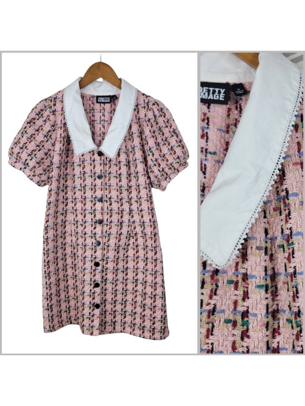 Pretty Damage Size Medium Pink Tweed White Collar Puff Sleeve Mini Dress Alt